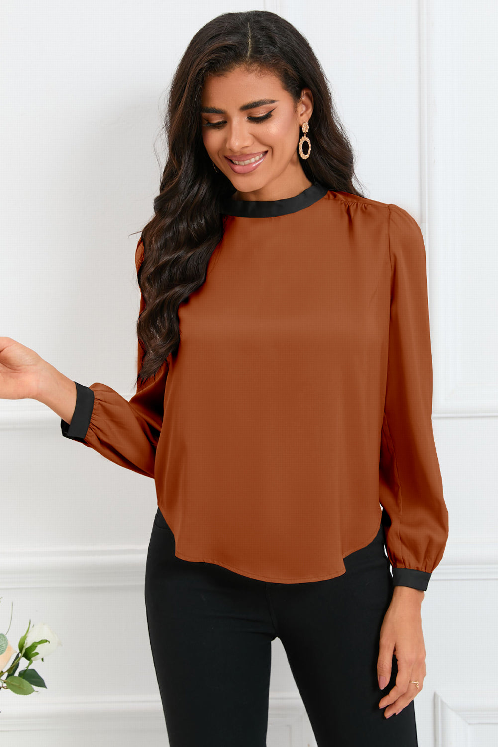 Satin Carmel and black tie blouse