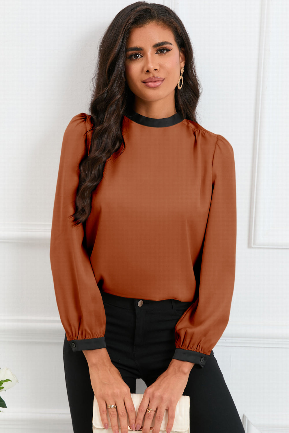 Satin Carmel and black tie blouse